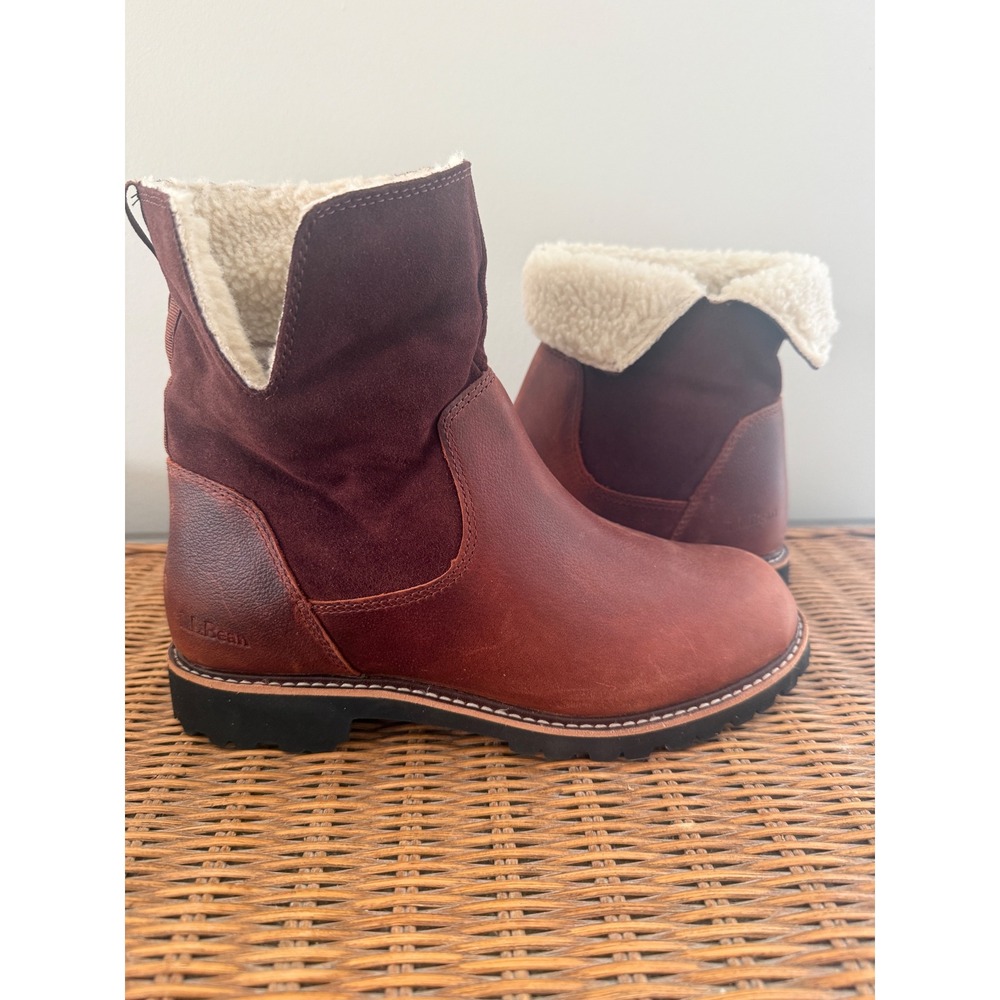LL Bean Womens Rugged Cozy Boots Leather Mid Brown Sherpa Lined Sz 8.5M Winter - Picture 4 of 11